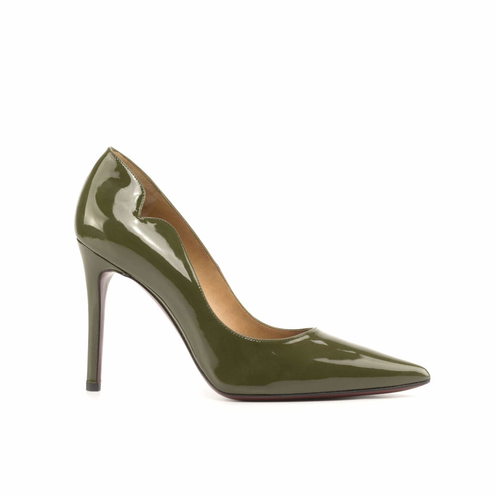 Brielle 100mm Heels in Military Green Patent Leather with Red Sole