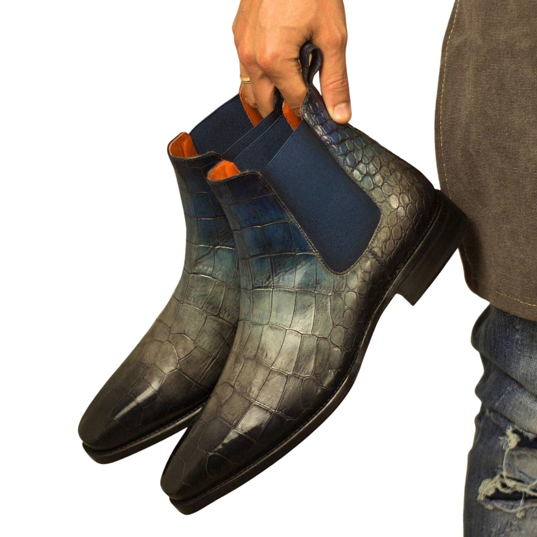 Men's Azure Blue Rain Grey and Onyx Black Croco Print Chelsea Boot with Toe Taps