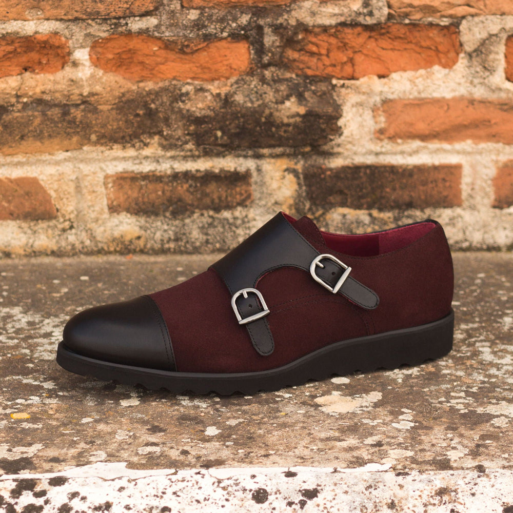 Men's Double Monk Strap in Burgundy Lux Suede and Black Calf with Wedge Sole
