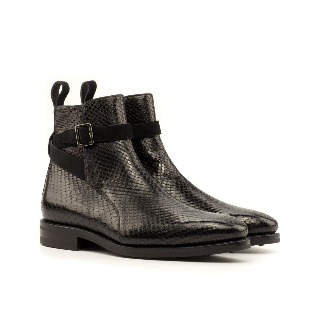Men's Jodhpur Boots in All Black Python with Black Suede Strap
