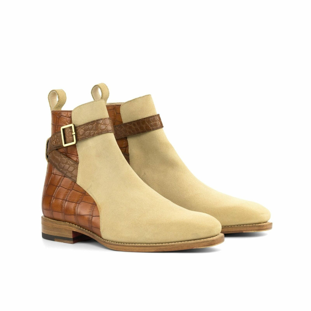 Men's Jodhpur Boots in Sand Suede Cognac and Medium Brown Croco Print and Toe Taps