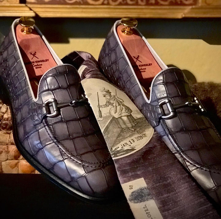 Grey Croco Print loafers by Maison Kingsley for Todd Stilson