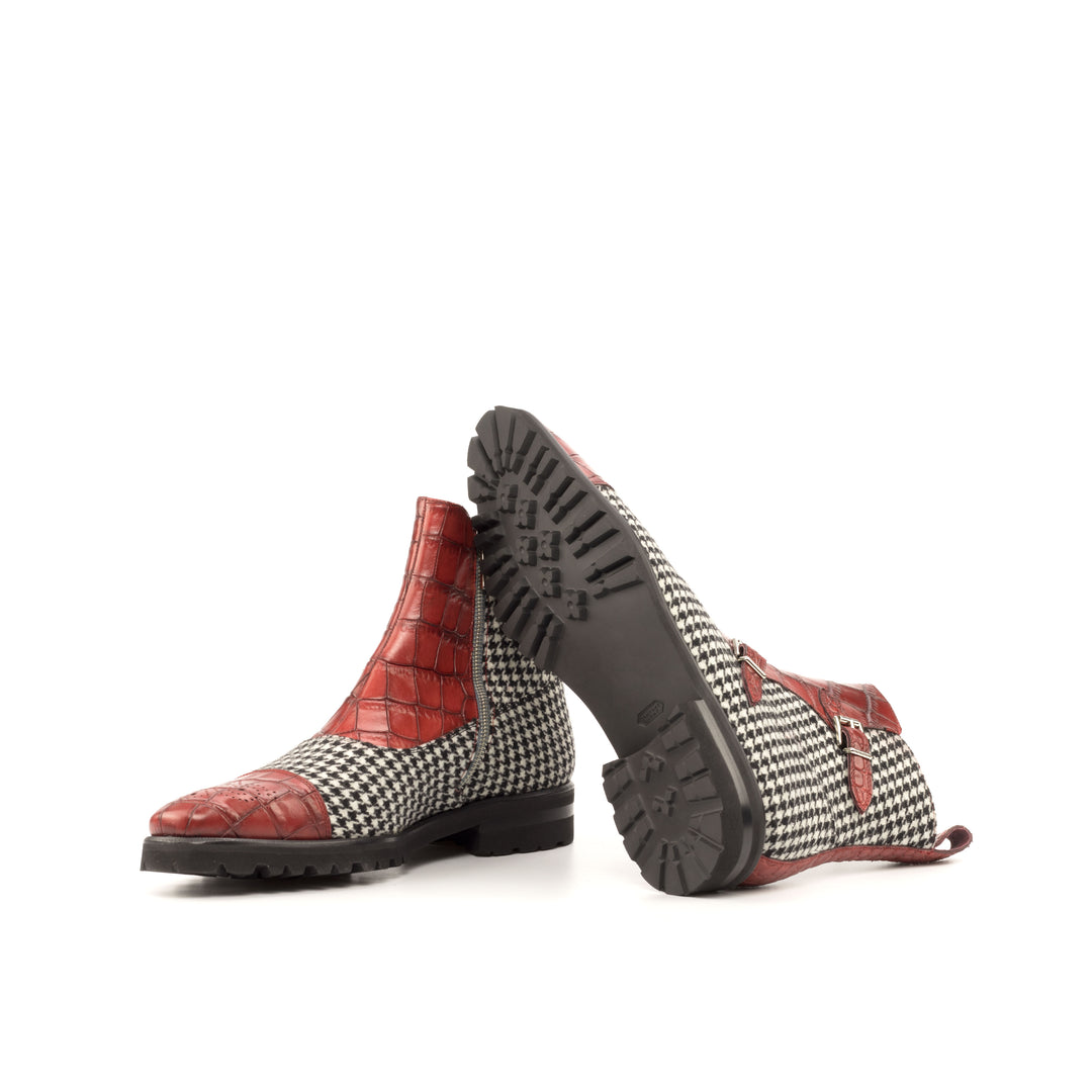 Men's Double Monk Boots in Houndstooth and Red Croco Print Calf with Zipper
