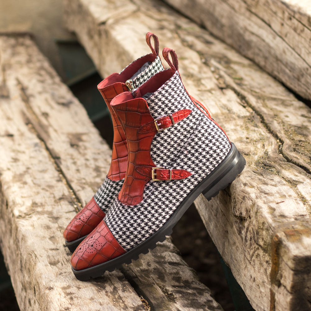 Men's Double Monk Boots in Houndstooth and Red Croco Print Calf with Zipper
