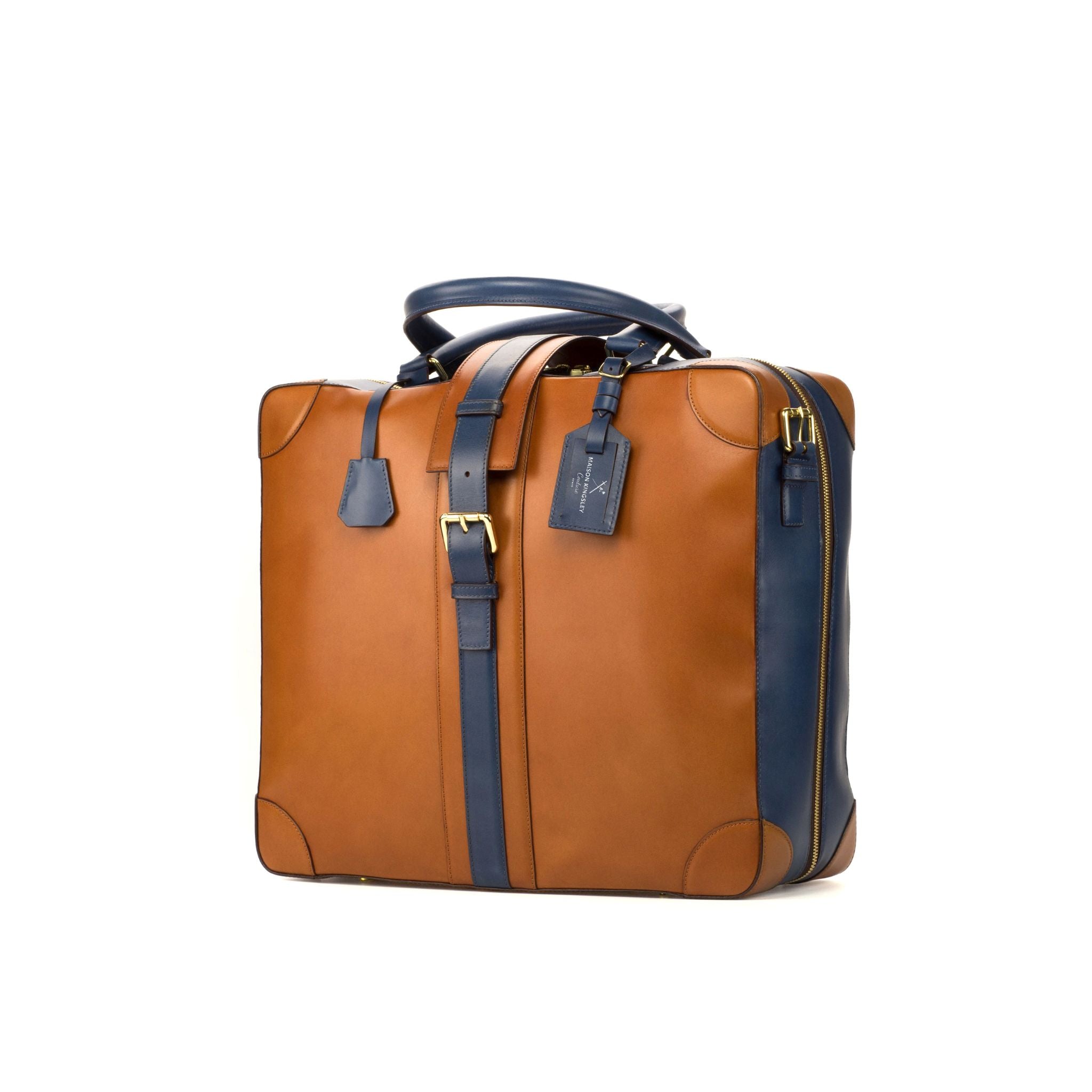 Zaragoza Travel Tote in Cognac Brown and Navy Calf Leather