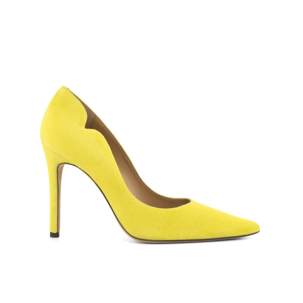 Brielle 100mm Heels in Italian Suede Lemon Yellow Leather Heel Sole Dark Camel