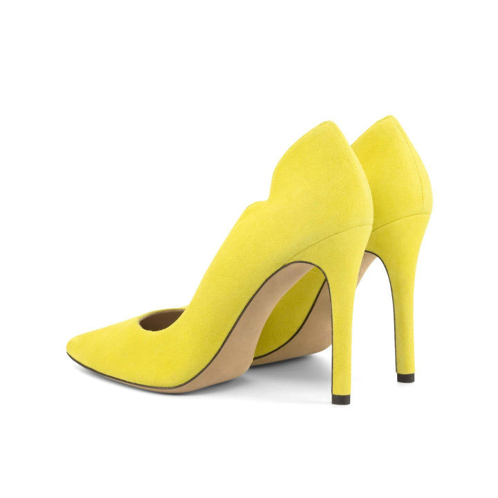 Brielle 100mm Heels in Italian Suede Lemon Yellow Leather Heel Sole Dark Camel