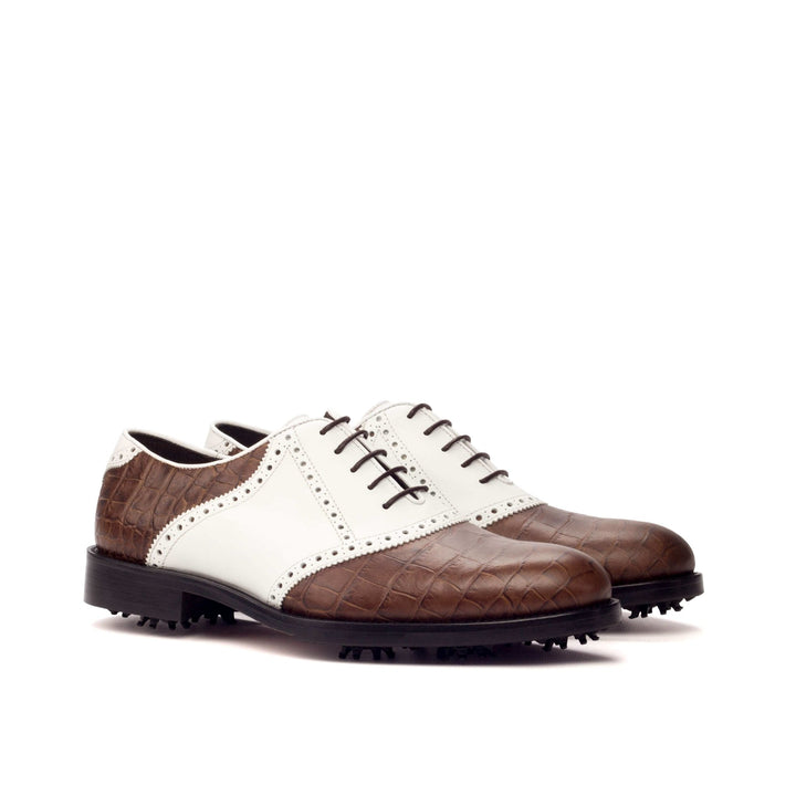 Men's Brown and White Croco Print Calf Saddle Golf Shoes