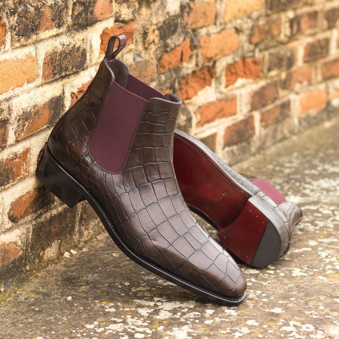 Brown & Burgundy Croc Print Tall Heel Men's Chelsea Boots - Maison de Kingsley Couture Harmonie et Fureur Spain
