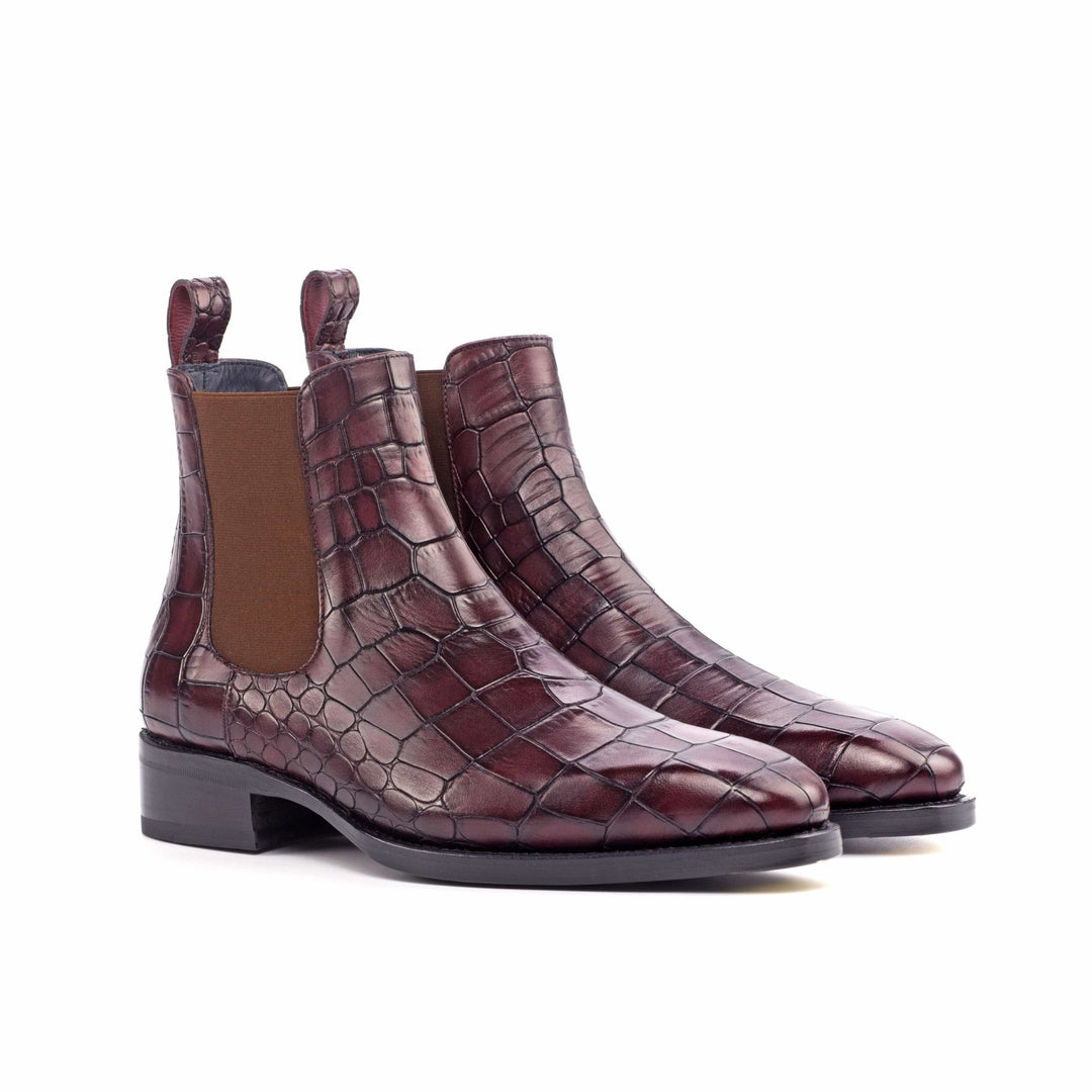 Men's Chelsea Boots in Burgundy Croco Print with High Heel and Toe-Taps