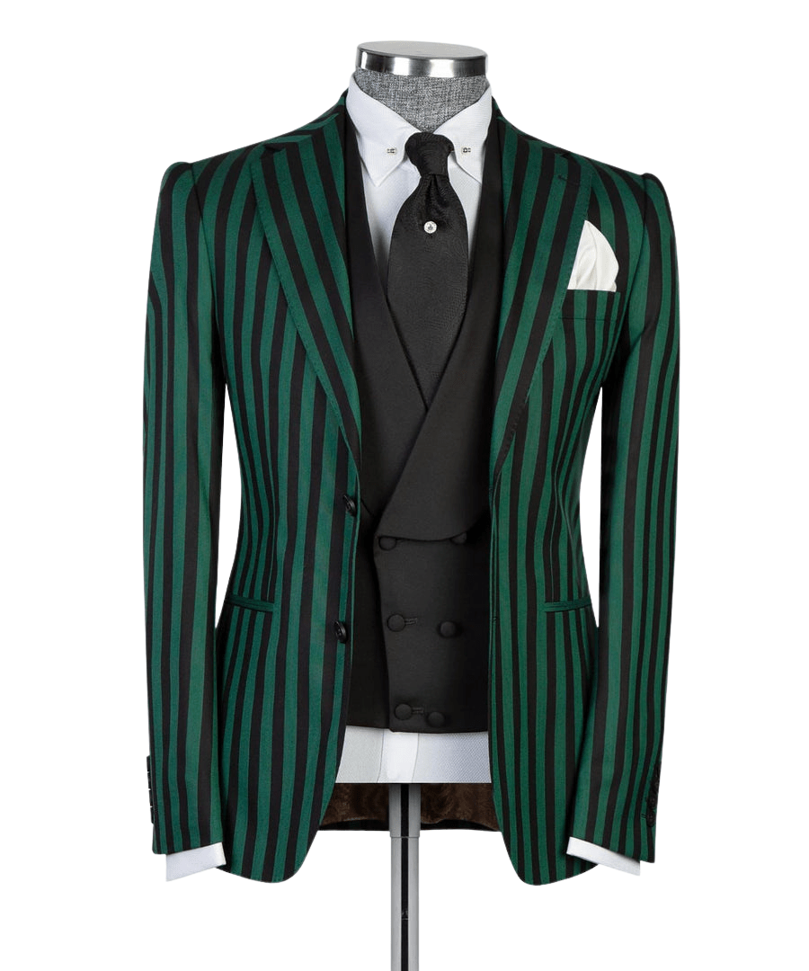 Green and Black Wide Striped Peak Lapel Three Piece Suit - Maison de Kingsley Couture Harmonie et Fureur Spain