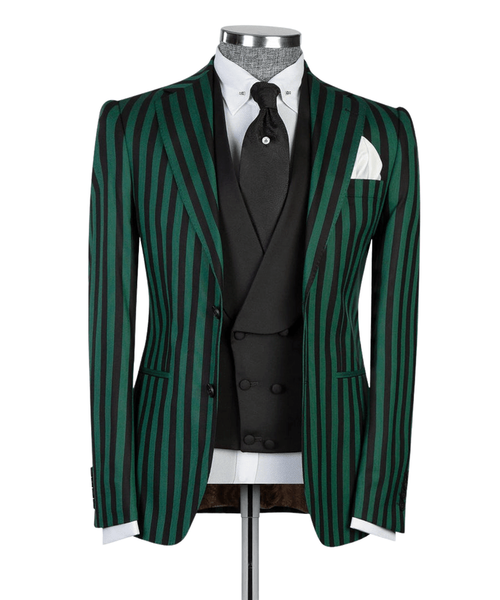 Green and Black Wide Striped Peak Lapel Three Piece Suit