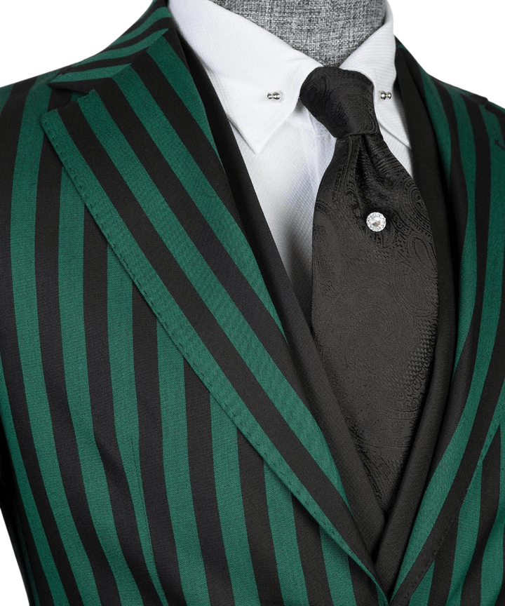 Green and Black Wide Striped Peak Lapel Three Piece Suit