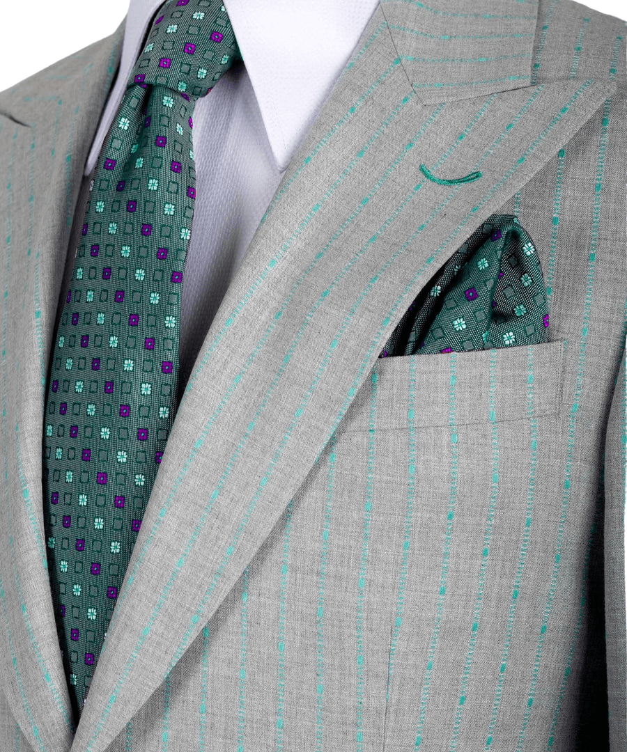Grey and Green Pinstripe Peak Lapel Two Piece Suit