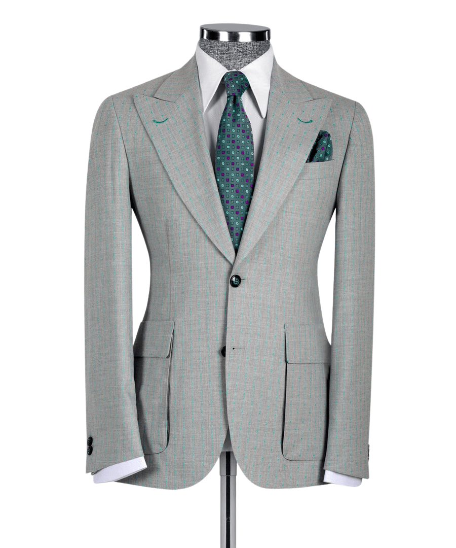 Grey and Green Pinstripe Peak Lapel Two Piece Suit
