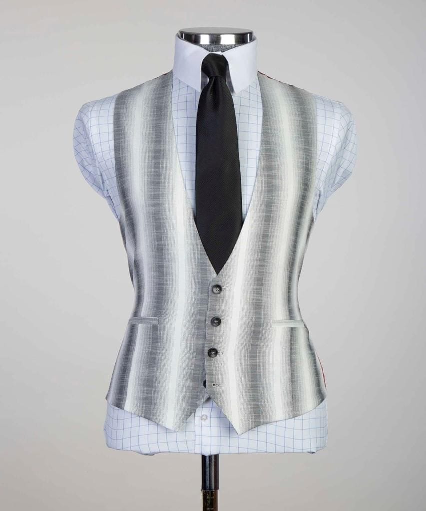Grey and White Peak Lapel Three Piece Suit