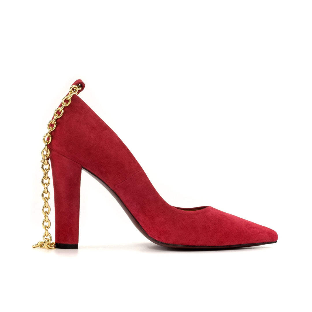 Harmonie 4 Inch Red Suede Heels with Gold Chain and Red Bottom