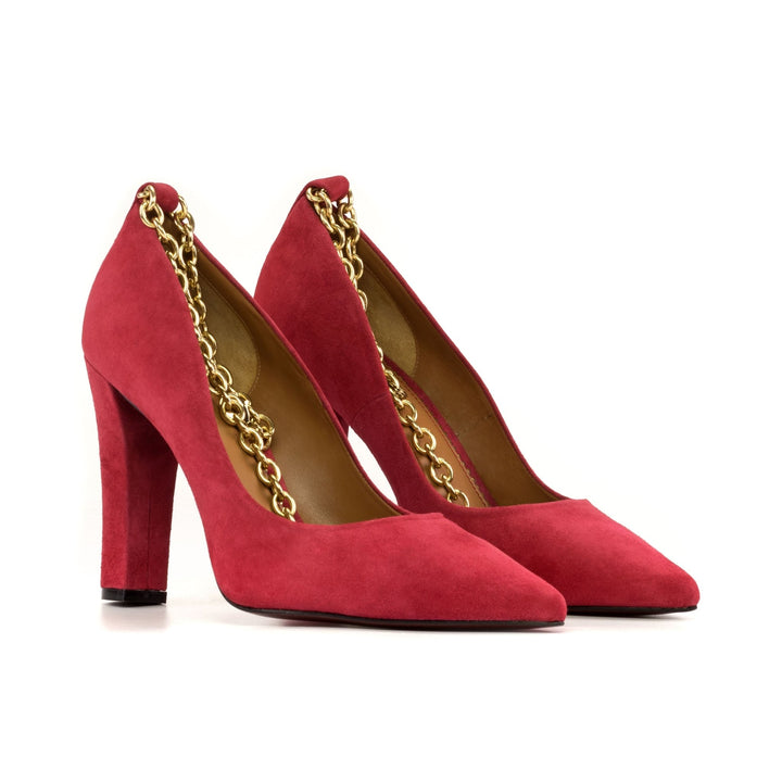 Harmonie 4 Inch Red Suede Heels with Gold Chain and Red Bottom
