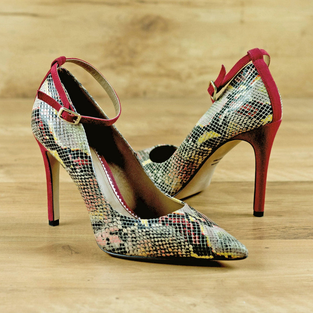 Harmonie 4 Inch Red Snake Print Italian Leather and Suede Heels