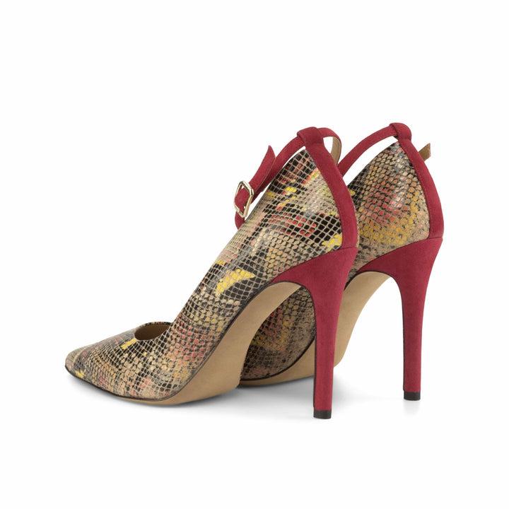 Harmonie 4 Inch Red Snake Print Italian Leather and Suede Heels