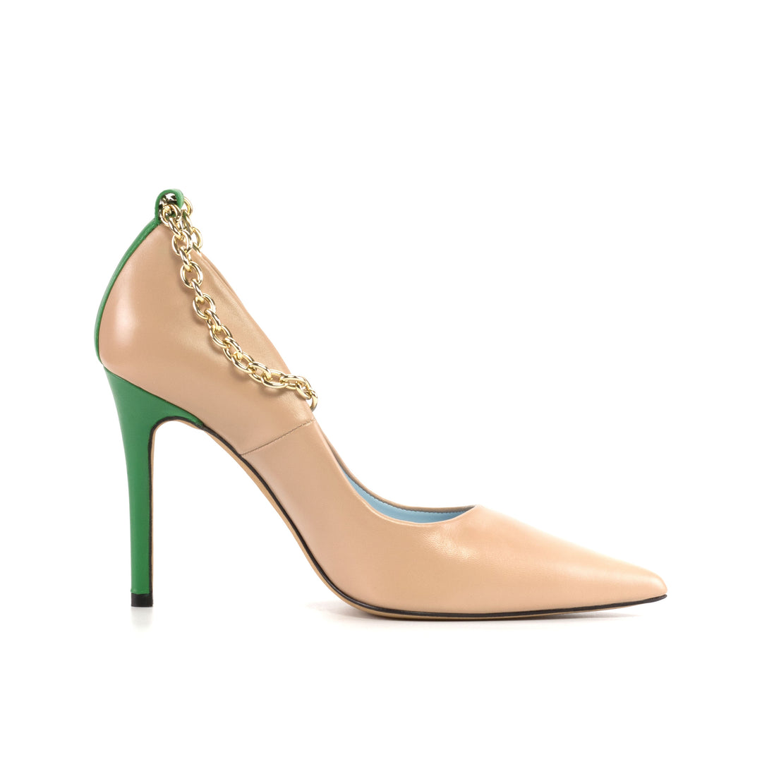 Harmonie 4 inch Heels with Chain in Nude and Clover Green