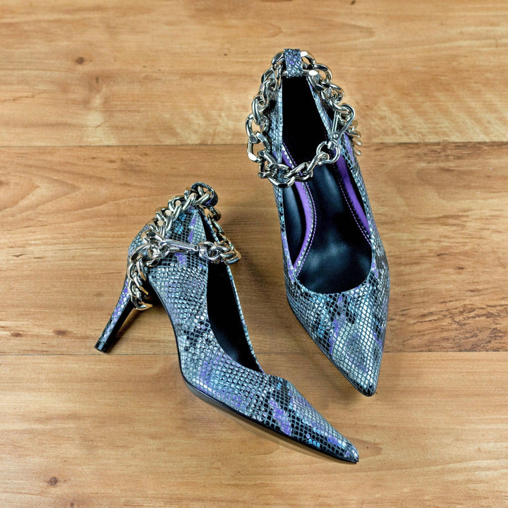 Harmonie 3 Inch Blue Lilac Snake Print Italian Leather Heels