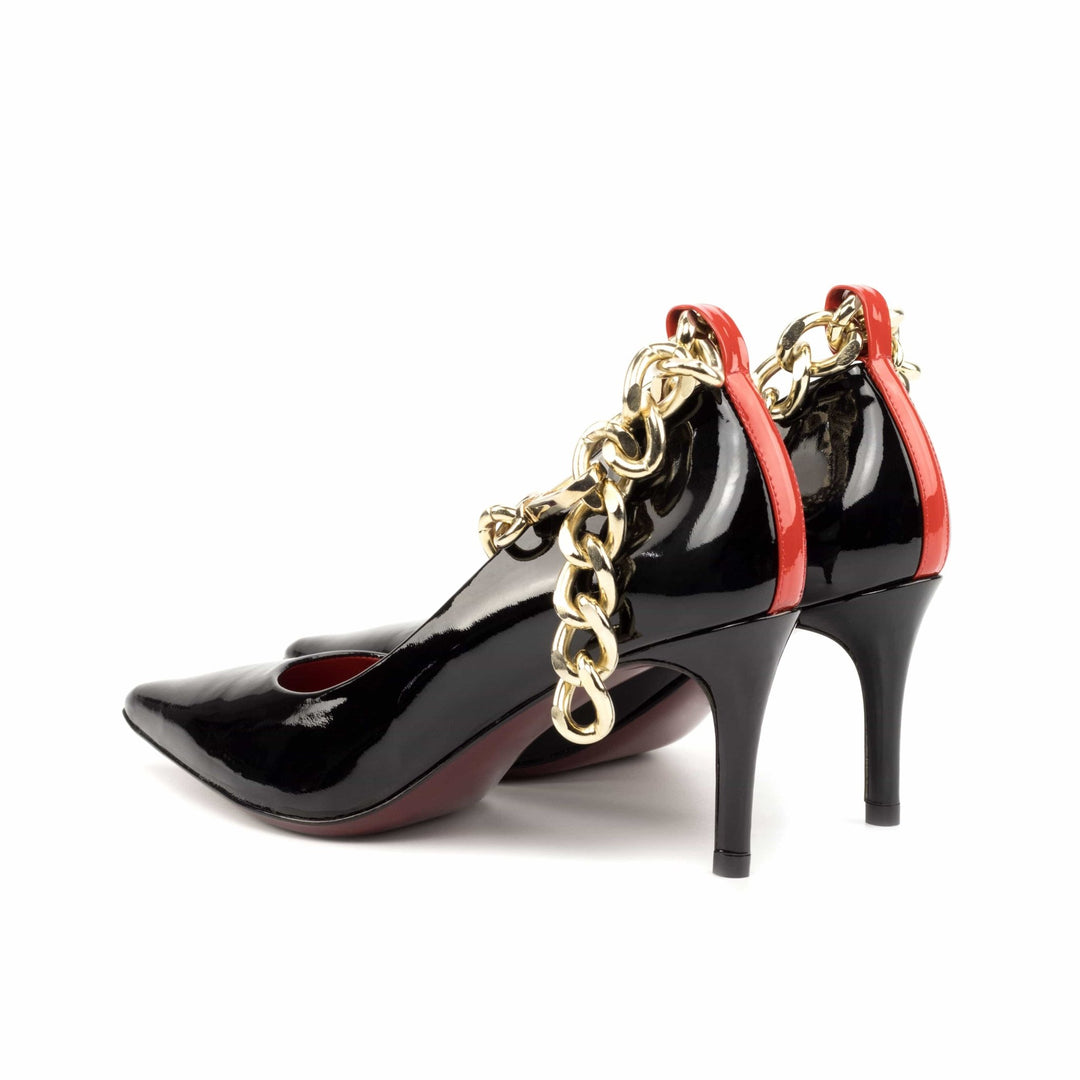 Harmonie 3 Inch Heels in Black Patent and Chunky Gold Chain