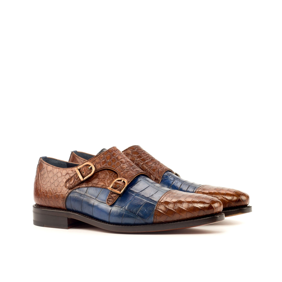 Men's Alligator Double Monk Strap in Brown and Navy Blue