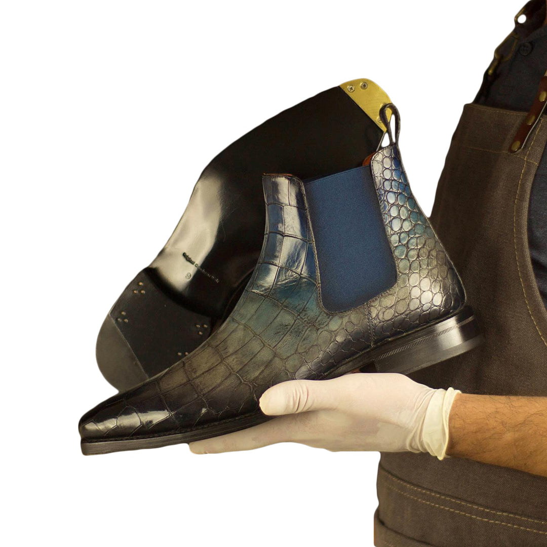 Men's Azure Blue Rain Grey and Onyx Black Croco Print Chelsea Boot with Toe Taps