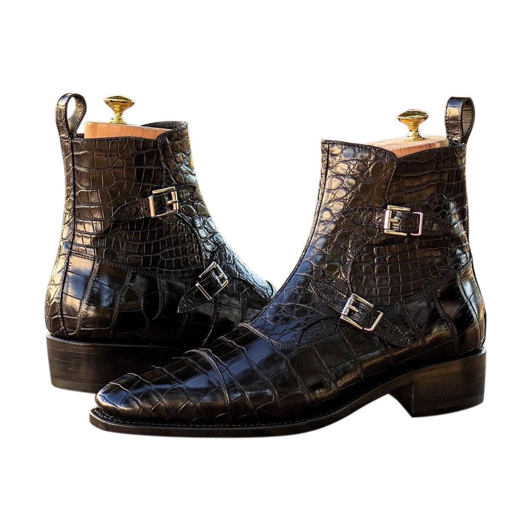 Men's Black Alligator Double Monk Boots with Zipper and High Heel - Maison Kingsley Couture Spain