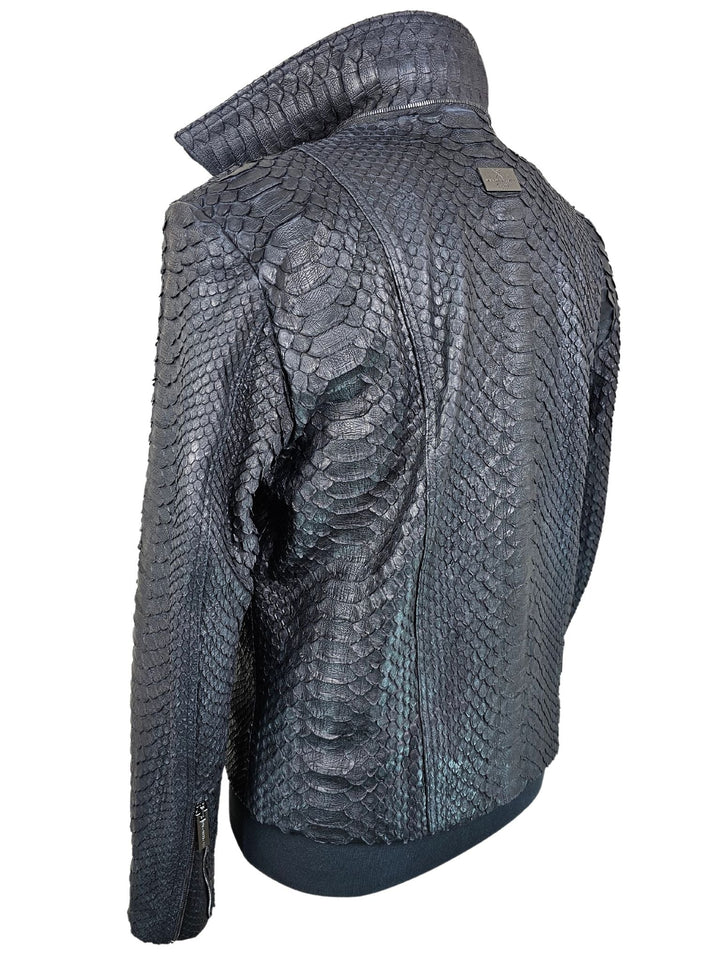 Men's Black Python Biker Jacket with Detachable Hood