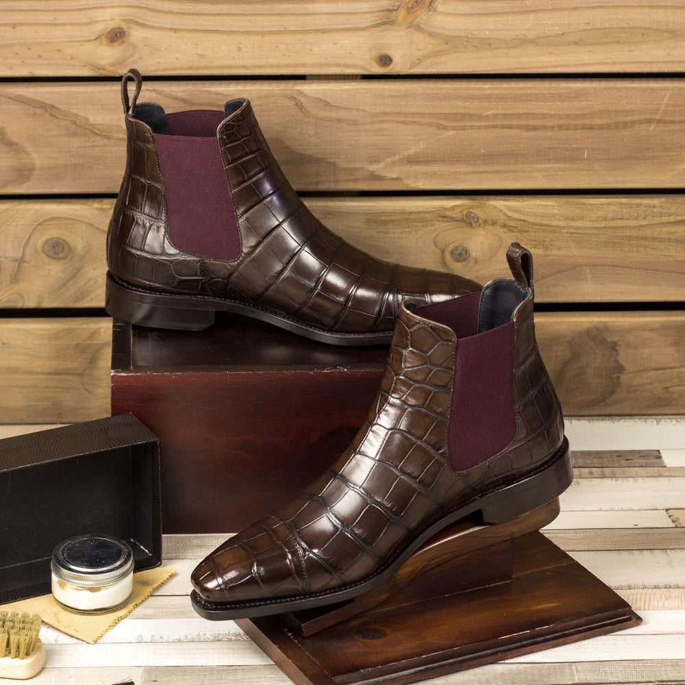 Men's Brown Alligator Chelsea Boots with Square Toe