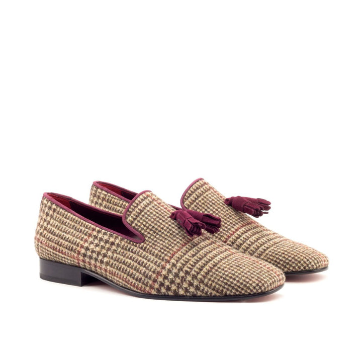 Men's Carré Tweed and Wine Smoking Slippers with Tassels