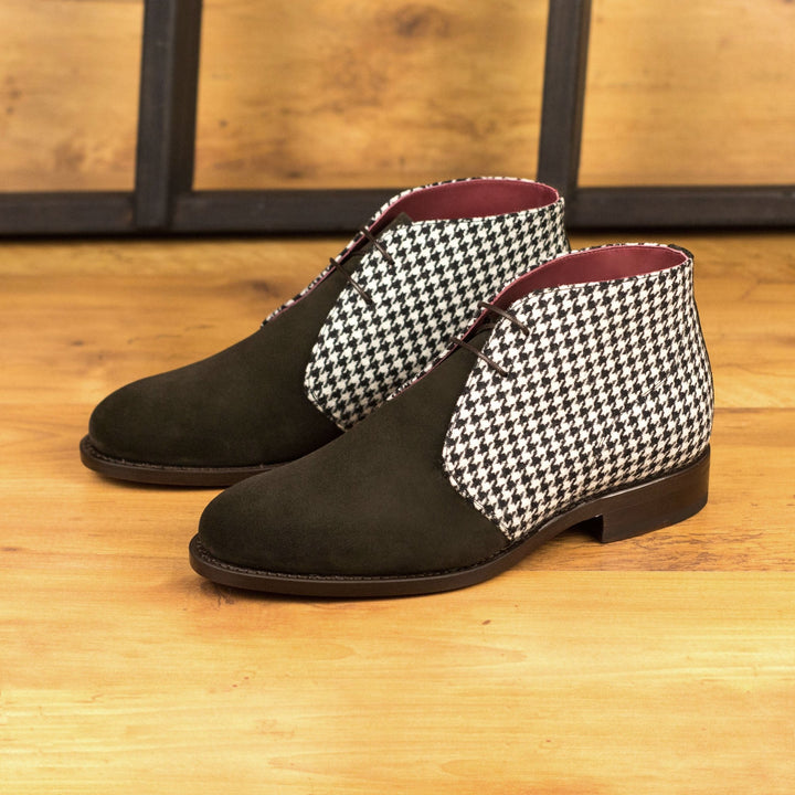 Men's Chukka Boots in Houndstooth and Dark Brown Lux Suede - Maison de Kingsley Couture Harmonie et Fureur Spain