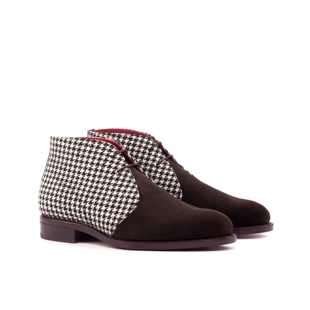 Men's Chukka Boots in Houndstooth and Dark Brown Lux Suede - Maison de Kingsley Couture Harmonie et Fureur Spain