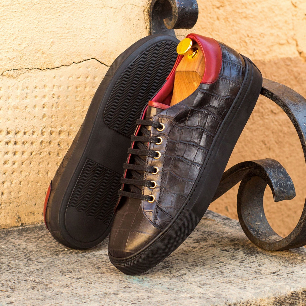 Men's Coupe-Bas Sneakers in Black and Red Croco Print Calf Leather - Maison Kingsley Couture Spain