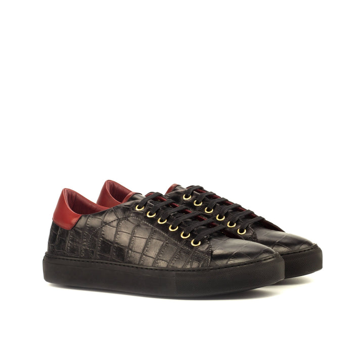 Men's Coupe-Bas Sneakers in Black and Red Croco Print Calf Leather