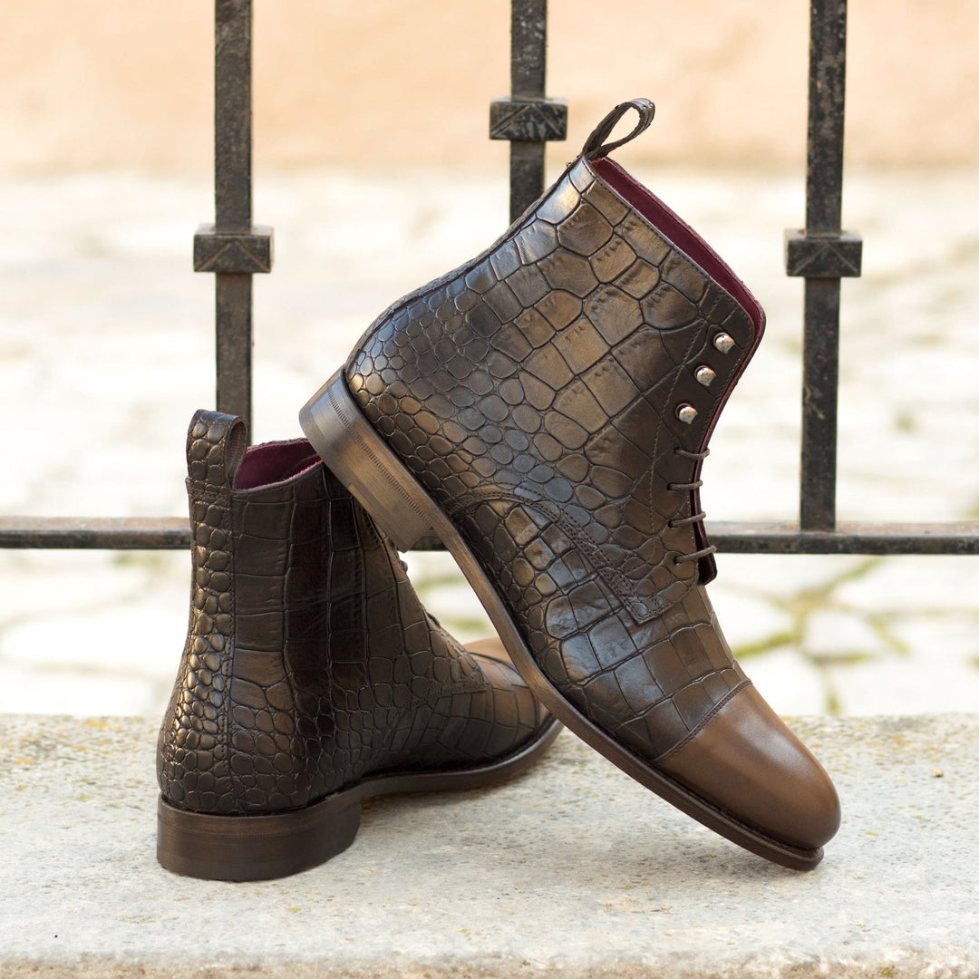 Men's Dark Brown Jump Boots with Croco Print Italian Calf Leather