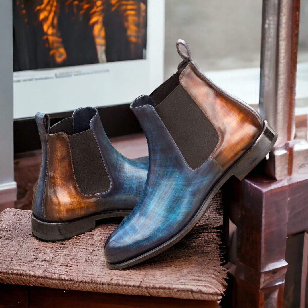 Men's Denim Blue and Brown Patina Chelsea Boots