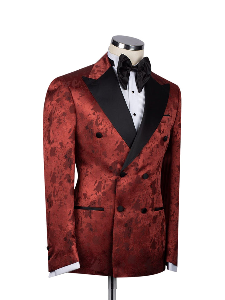 Men's Double Breasted Peak Lapel Two Piece Tuxedo in Dark Red with Splotch Pattern