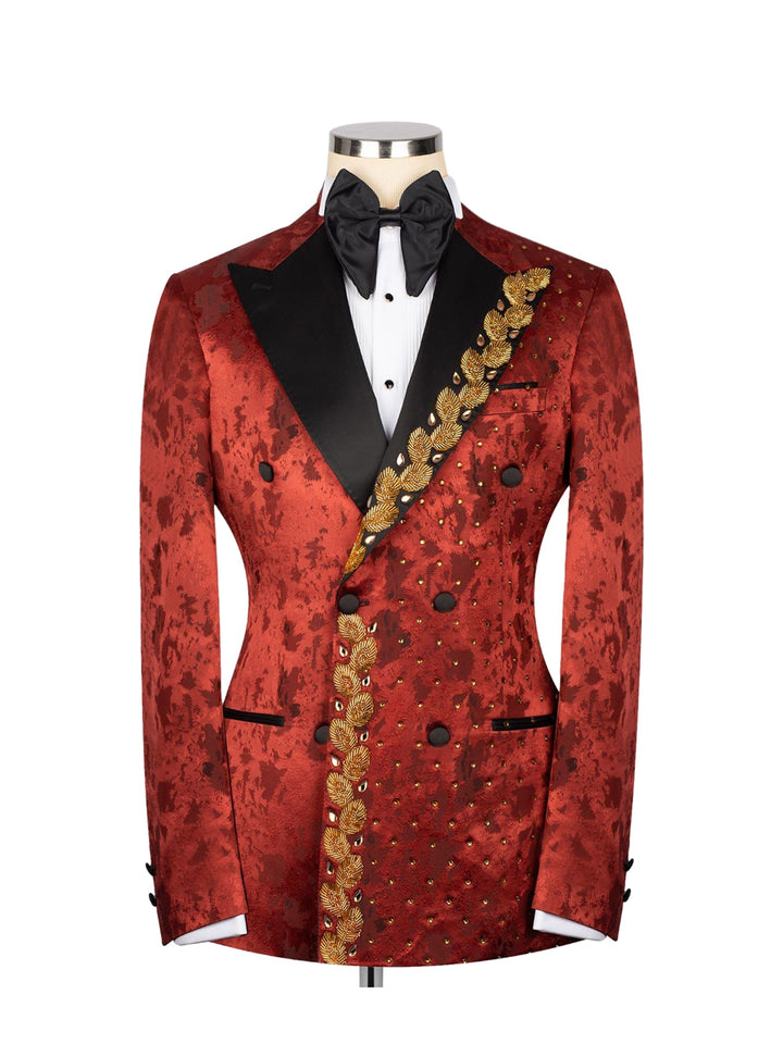 Mens Double Breasted Peak Lapel Two Piece Tuxedo in Red and Black Embellished with Gold Leaves