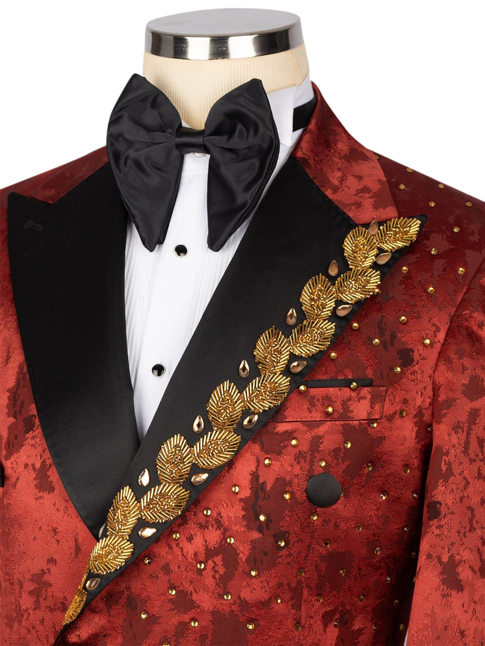 Mens Double Breasted Peak Lapel Two Piece Tuxedo in Red and Black Embellished with Gold Leaves