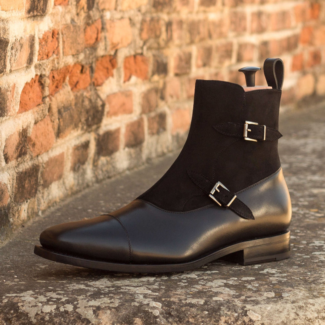 Men's Double Monk Boots in Black Suede and Leather with Zipper