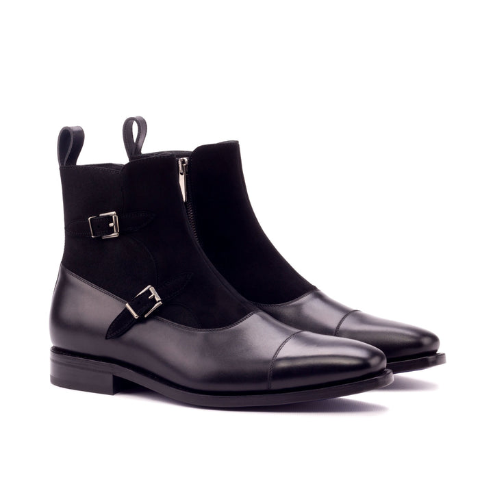 Men's Double Monk Boots in Black Suede and Leather with Zipper
