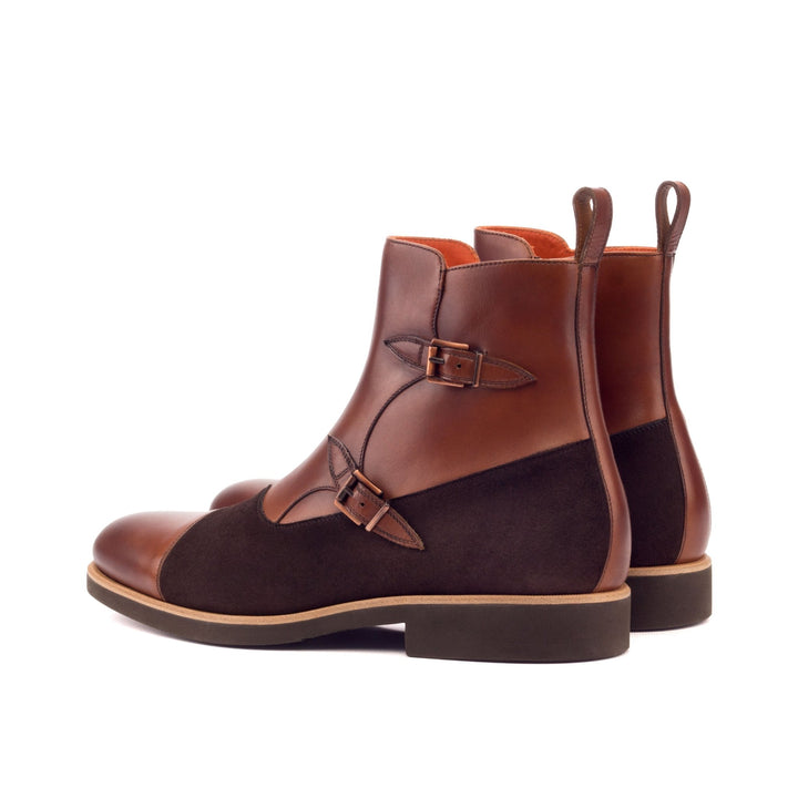 Men's Double Monk Boots in Brown Suede and Medium Brown Italian Leather with Zipper
