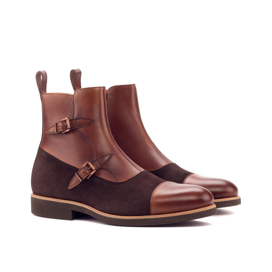 Men's Double Monk Boots in Brown Suede and Medium Brown Italian Leather with Zipper