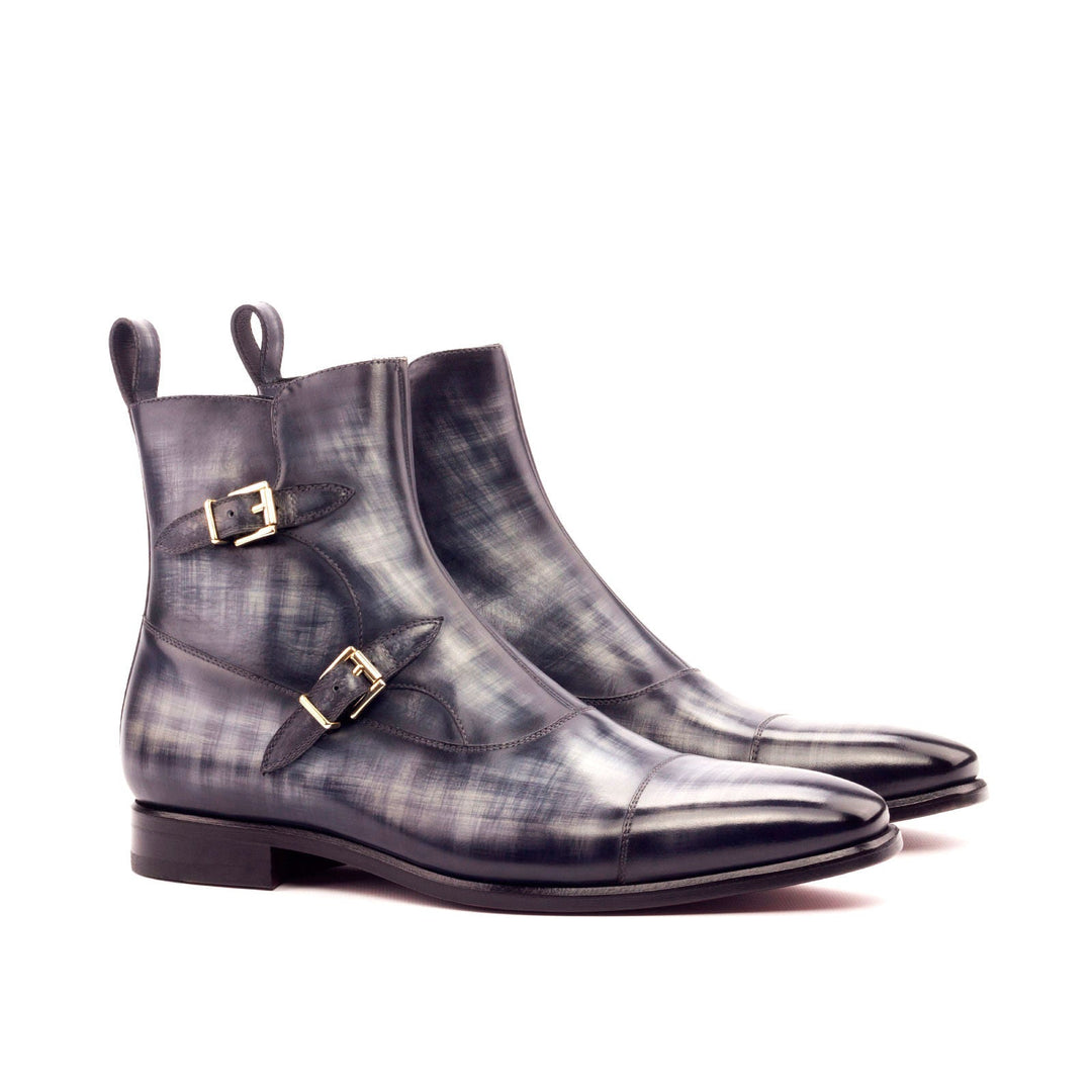 Men's Double Monk Boots in Grey Hand-painted Patina