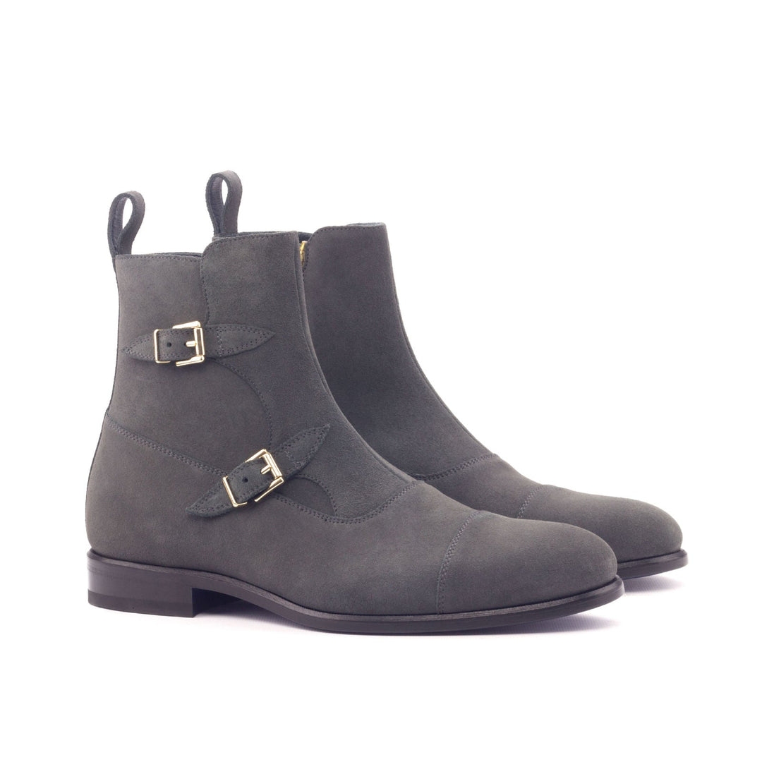 Men's Double Monk Boots in Grey Lux Suede with Zipper