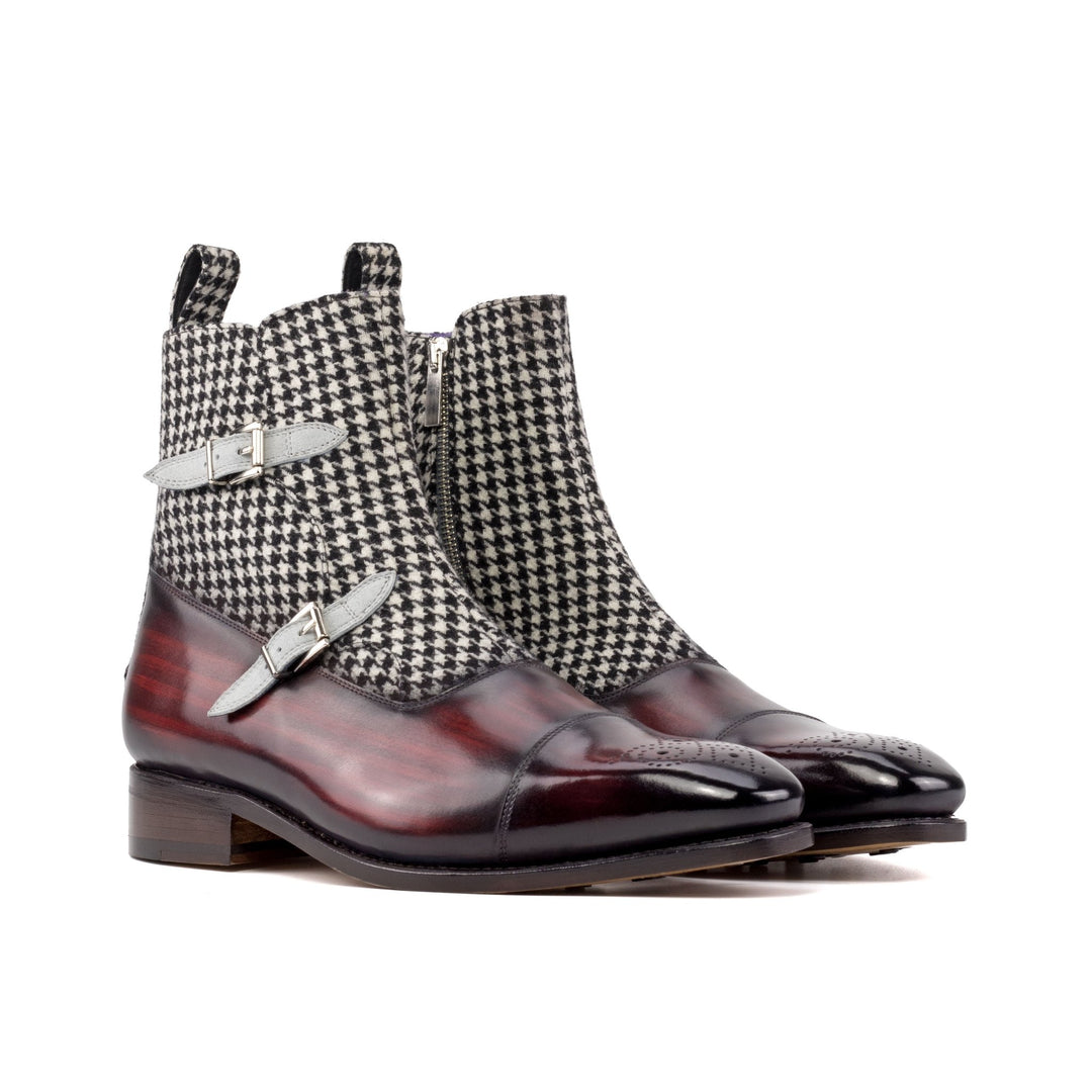 Men's Double Monk Boots in Houndstooth and Burgundy Patina with Zipper