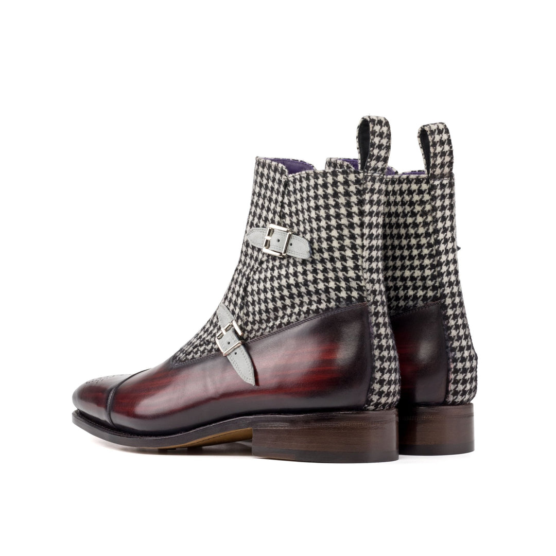 Men's Double Monk Boots in Houndstooth and Burgundy Patina with Zipper